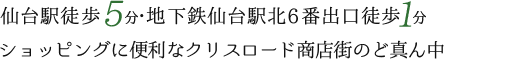 仙台駅徒歩5分・地下鉄仙台駅北6番出口徒歩1分。ショッピングに便利なクリスロード商店街のど真ん中